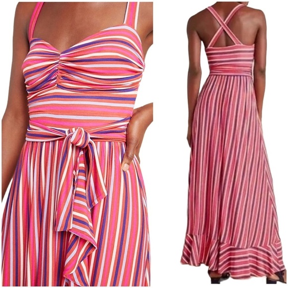 Anthropologie Maeve Pink Striped Gabriela Ruffle Dress XS - Picture 2 of 16